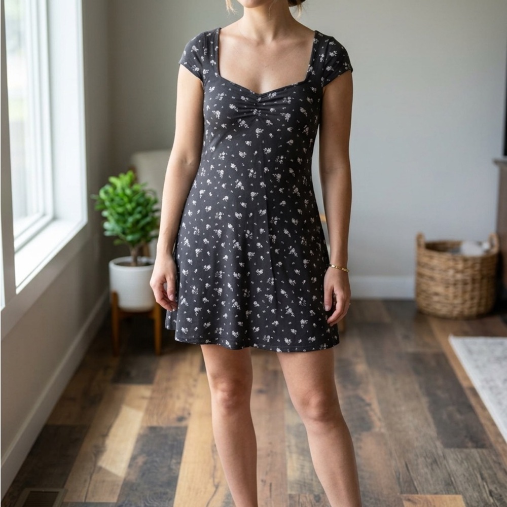 Divided Black Mini Dress with White Floral Print